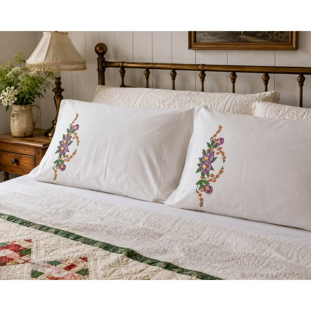 Vintage Hand Embroidered 2 Paisley Pillowcases Pair White Floral Cottagecore